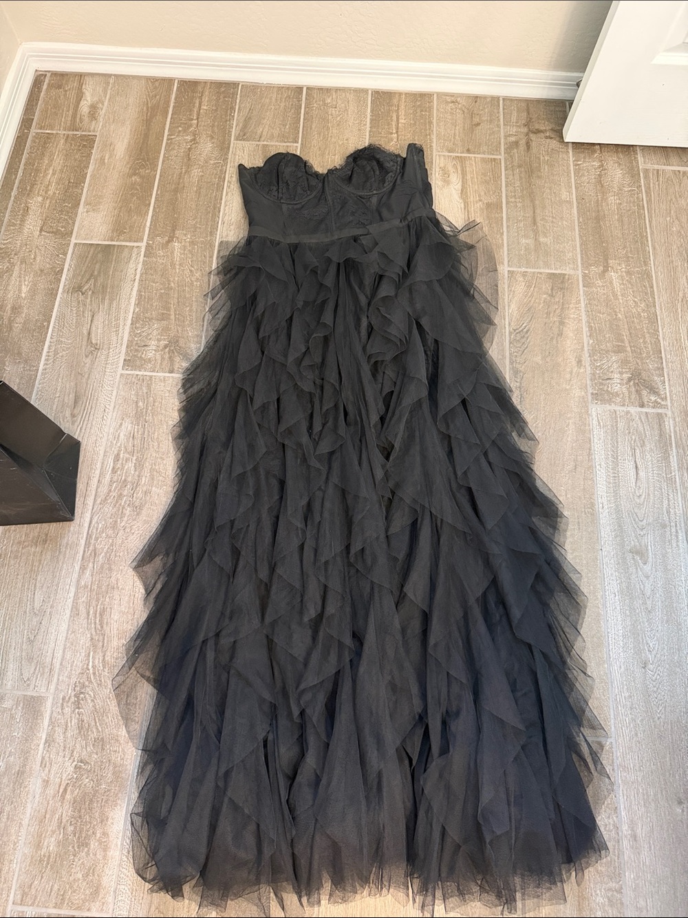 For Love & Lemons Black Ruffled Tulle Strapless Evening Dress
